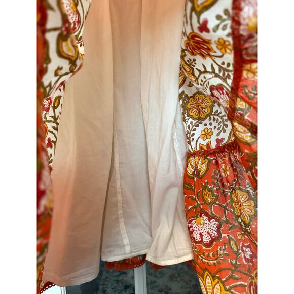 dRA Los Angeles Floral Tiered Midi Dress Smocked Waist Puff-Sleeve Orange Large - Picture 8 of 11